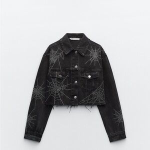 Zara cropped black denim jacket with spider web rhinestones